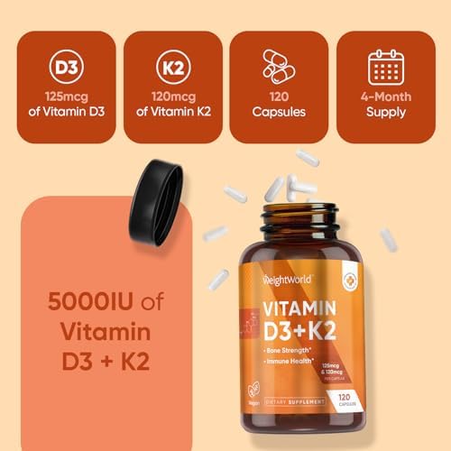 WeightWorld Vitamin D3 K2 5000IU Capsules for Bone Strength & Immune Health - 4 Months Supply Vitamin D3 and K2 Supplements - 120 Vegan D3 K2 Capsules for Women and Men, Non-GMO, Gluten-Free|B0CY288PWZ