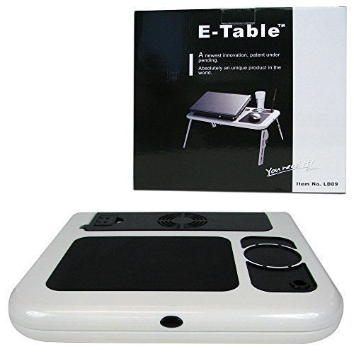 E-Table - LD09 White/Black Laptop Table with Cooling Fans, Mouse Pad & Cup Holder