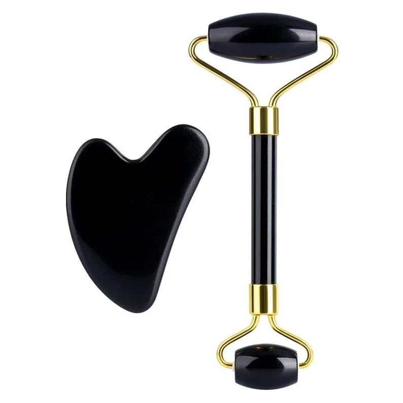Black Obsidian Jade Facial Roller & Gua Sha Set 100% Natural Source from Highest Altitude of Himalayan Two-Sided Face Neck Massager Stone Beauty Tool - Medaid International