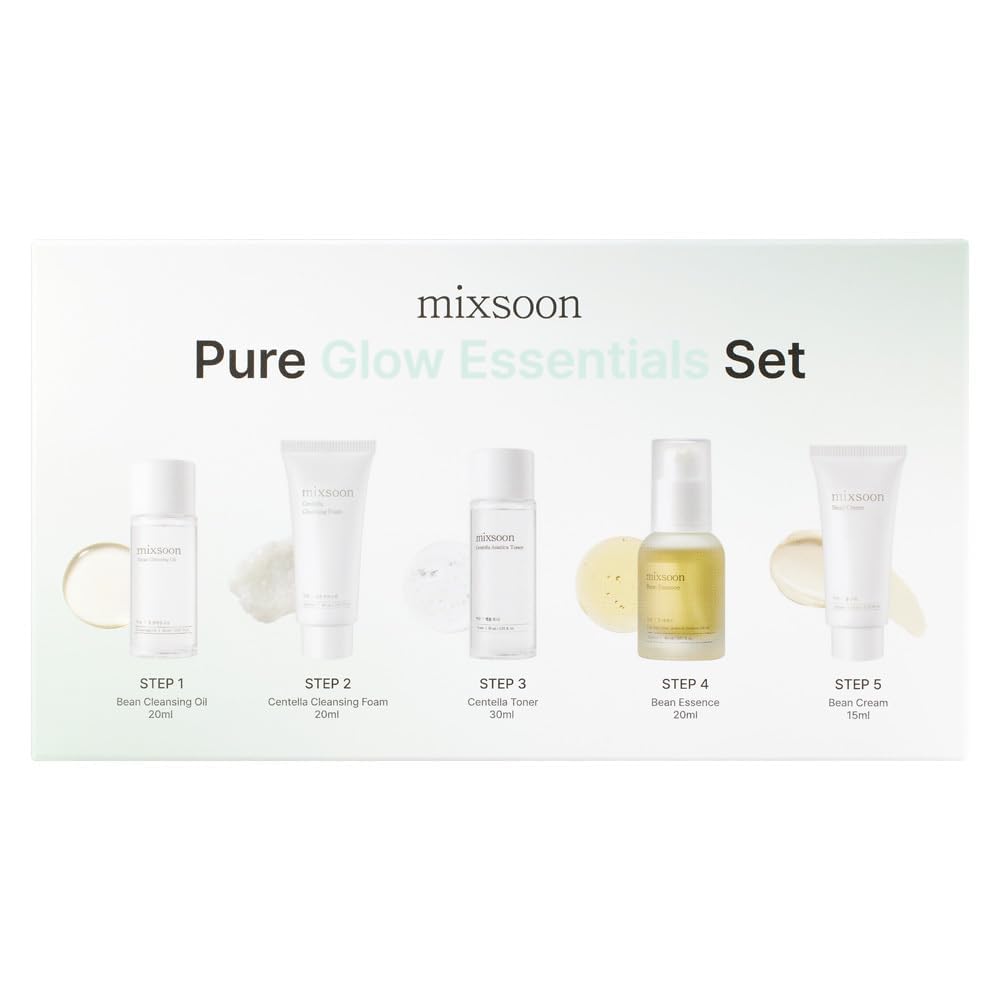 mixsoon Pure Glow Essentials Set-5-Step Skincare Kit - Hydrating Skincare Gift Set, Cleansing Oil, Foam, Toner, Essence, Cream (15ml*1+20ml*3+30ml*1) 105ml / 3.55 Fl. Oz. Korean Glass Skin Care - Medaid International
