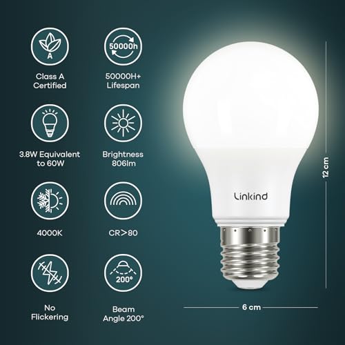 Linkind - E27 LED Screw Bulbs, 3.8W (60W Equivalent), 4000K Neutral White, Pack of 3