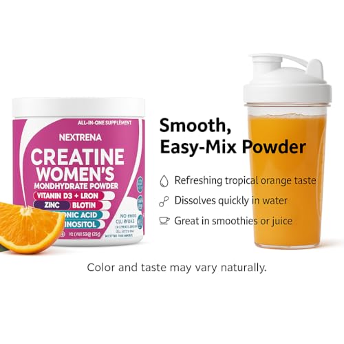 Zotreval Nextrena Creatine for Women – All-in-One Supplement with Creatine, Myo & D-Chiro Inositol, Collagen, Biotin, Hyaluronic Acid, Vitamin D3, Iron & Zinc – Tropical Orange, 289g (30 Servings) - Medaid International