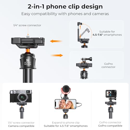 K&F Concept 62'' Phone Selfie Stick Tripod, 2-in-1 Lightweight Cellphone Holder and Camera Stand with Remote, Extendable Adapter for GoPro, Compatible with iPhone/Android Phone/GoPro/Camera - Medaid International
