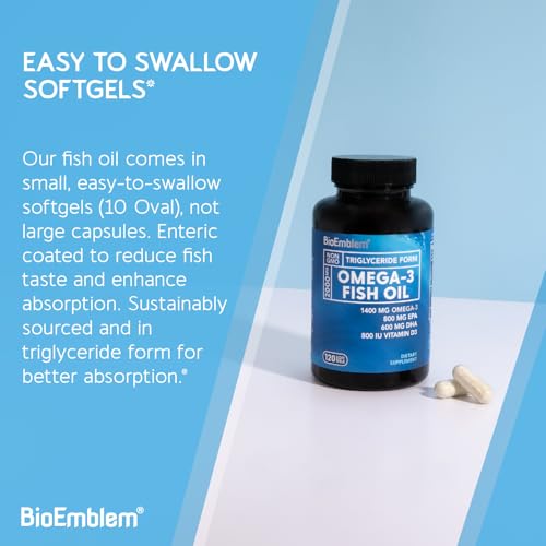 BioEmblem Omega-3 Fish Oil 2000mg - Small Size Softgels, High Absorption Form, Sustainable - 1400mg EPA &DHA Plus Vitamin D3, Non-GMO, Heart, Joint, & Brain Health Fish Oil Supplement, 120 Ct - Medaid International