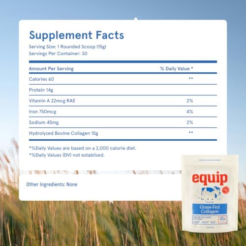 Equip Foods Grass Fed Collagen Powder | Hydrolyzed Bovine Collagen Peptides with Amino Acids | Prime Beef Collagen for Healthy Joints, Skin & Nails | Non-GMO, Paleo Friendly | 30 Servings, Unflavored|B071SH212S