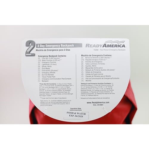Ready America 70280 72 Hour Emergency Kit, 2-Person, 3-Day Backpack, Includes First Aid Kit, Survival Blanket, Portable Preparedness Go-Bag for Camping, Car, Earthquake, Travel, Hiking, and Hunting, Red