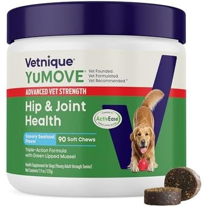 Yumove Hip & Joint Supplement for Dogs with Glucosamine, Hyaluronic Acid, Green Lipped Mussel & Omega 3 Joint Supplement - Regular or Advanced Strength (90 Count, Advanced Vet Strength Soft Chews)|B0FDLDKRCH