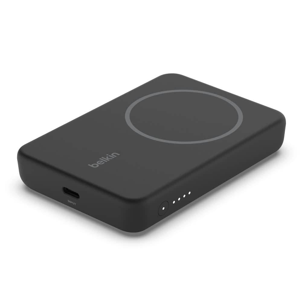 Belkin Portable Charger, Wireless Power Bank 5000 mAh MagSafe Charger 7.5W, Built-in Pop-up Kickstand - Compatible w/iPhone 17, Air, Pro, ProMax, AirPods, Apple Watch, Google Pixel 10, etc. - Black - Medaid International