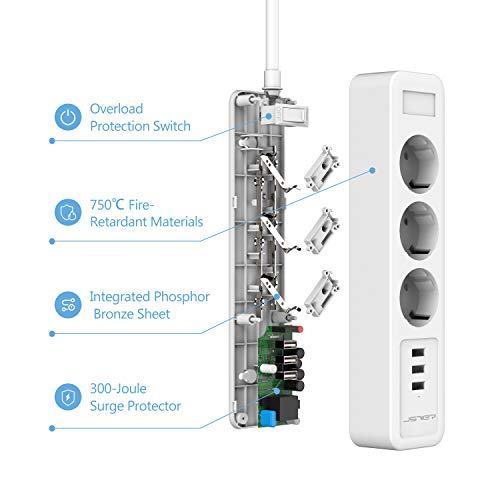 Jsver - USB Surge Socket with 3 Outlets, 3 USB Chargers, 2m Cable, Overvoltage Protection