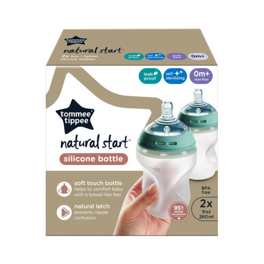 Natural Start Silicone Baby Bottles for 0m+, 2x 260ml
