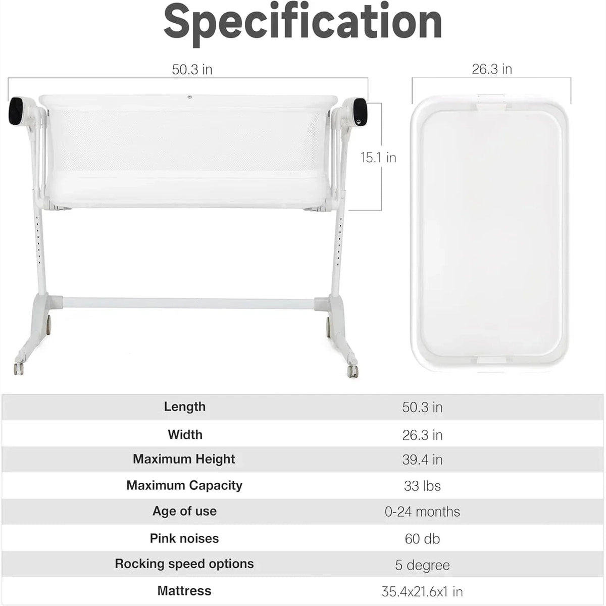 Miila - Nova Smart Snoothing Bassinet - 2in1 Baby Bassinet & Playpen - White