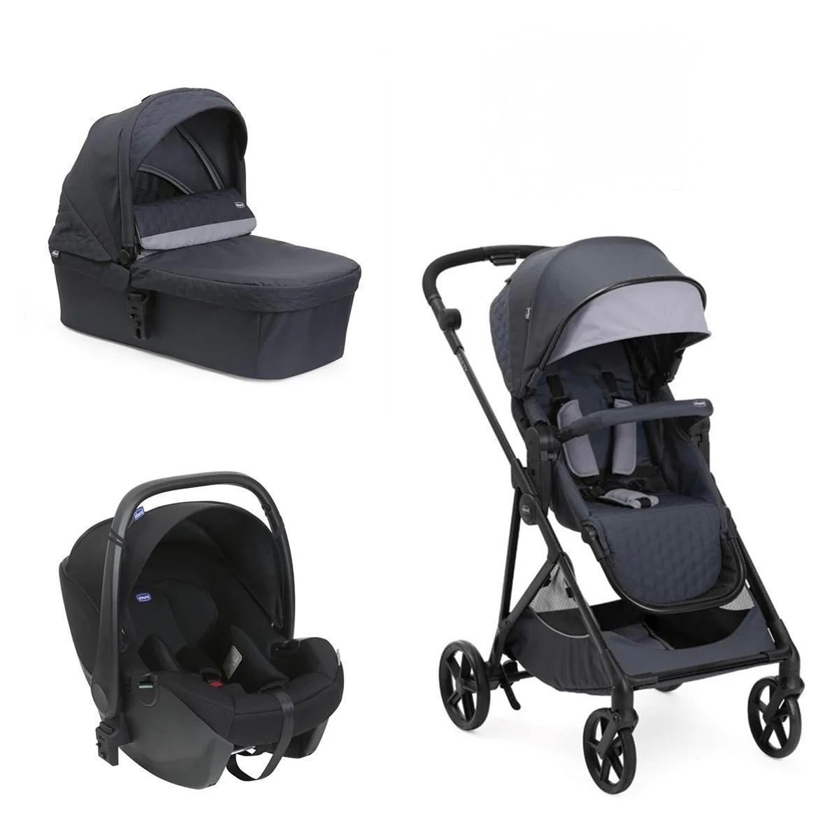 Chicco - Seety Stroller - Seety Carrycot (Boston Grey) - First Seat Recline ( Black Satin) - Full 360 i-size Base - Travel System