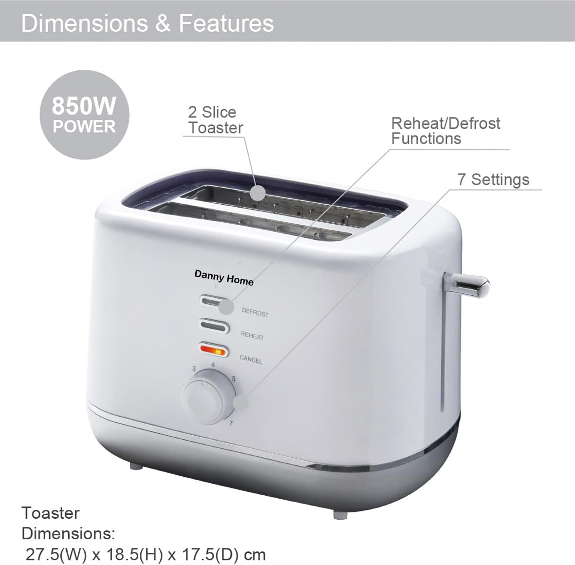 Danny Home White Two Slice Toaster 27cm