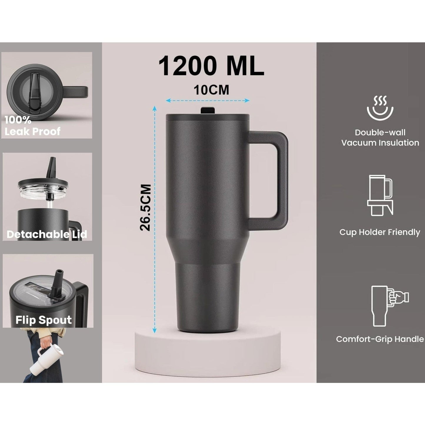 Leak Proof Large SS Tumbler Flip Spout wHandle and Straw