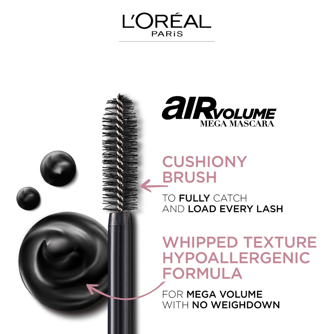 L’Oréal Paris Air Volume Mega Mascara Washable Air Whipped Formula Lasting Up To 24h- Lightweight