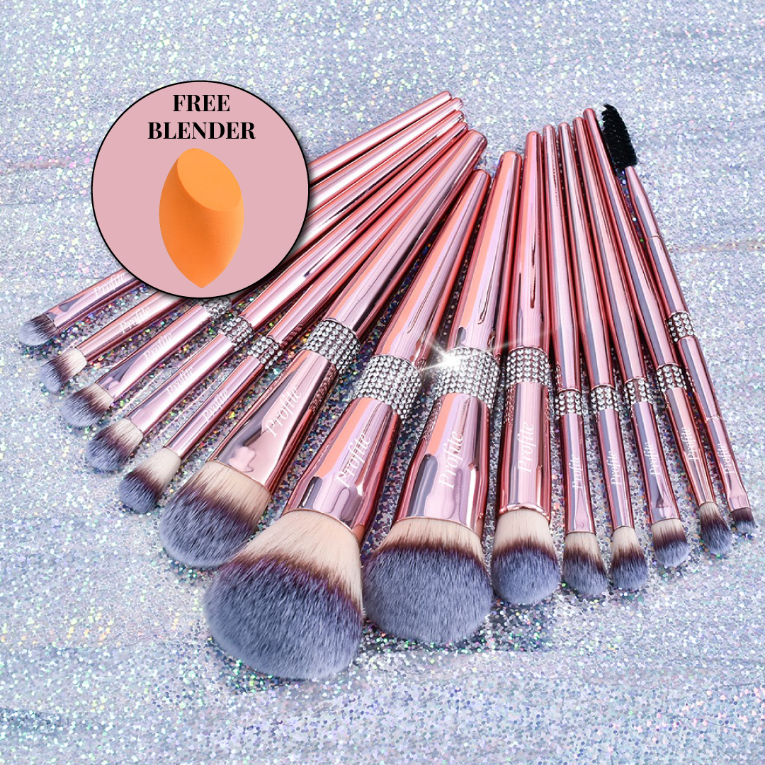 Profite 14 Pcs Rhinestone Rose Gold Brush Set + Holder + FREE Blender