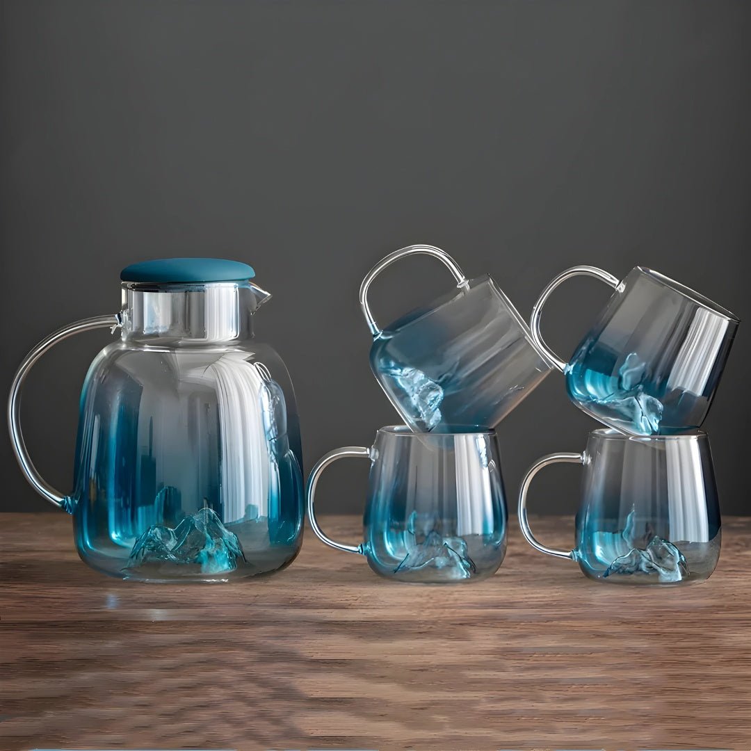Nordic Glass Pitcher Set with Mountain Design