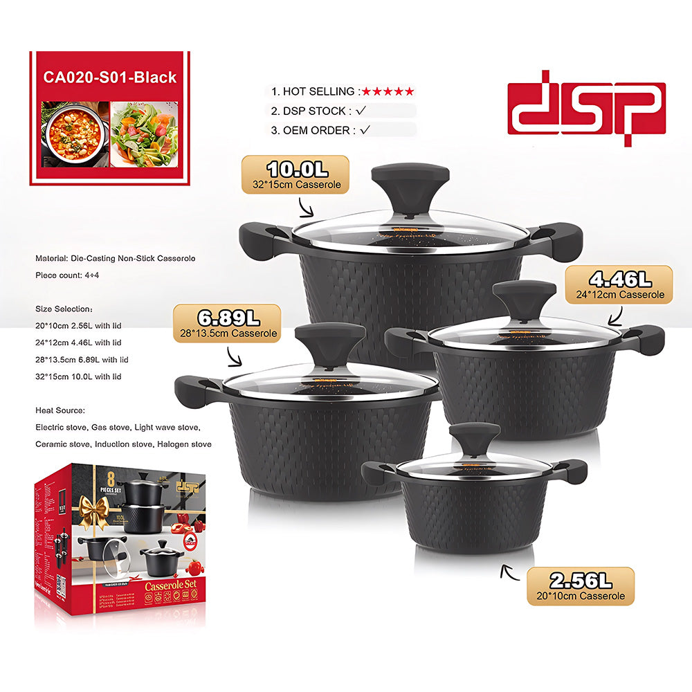 DSP CA020-S01-Black, 8-Piece Die-Cast Non-Stick Casserole Cookware Set
