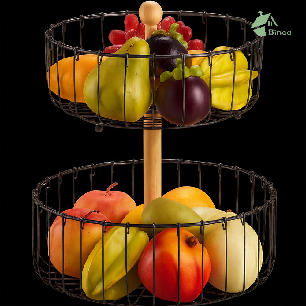 Binca 2-Tier Fruit & Vegetable Table Basket with Wooden Handle