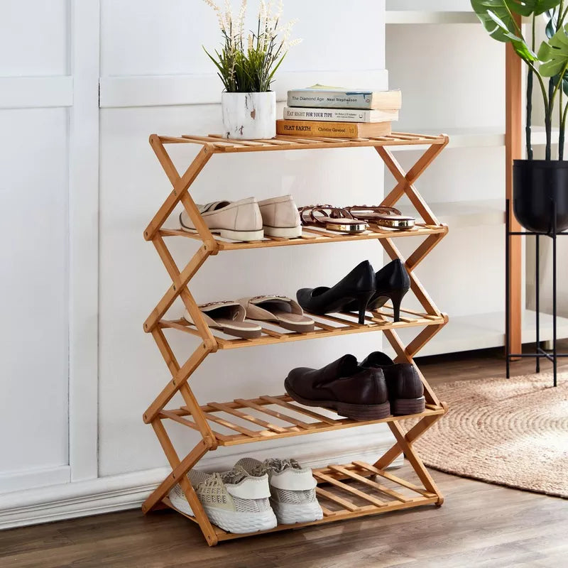 5 Layer Wooden Bamboo Foldable Shoe Rack Portable Folding Shoe Storage Racks Freestanding Multipurpose Shoe Shelves for Hallway Entryway Bedroom - Medaid International