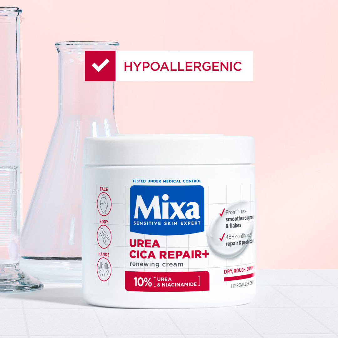 Mixa Urea Cica Repair Moisturizing Cream Jar - For Keratosis Pilaris, Dry, Flaky, Strawberry, Rough, & Fragile Skin & Tiny Reddish Bumps With 10% Urea and Niacinamide For Face, Hands & Body