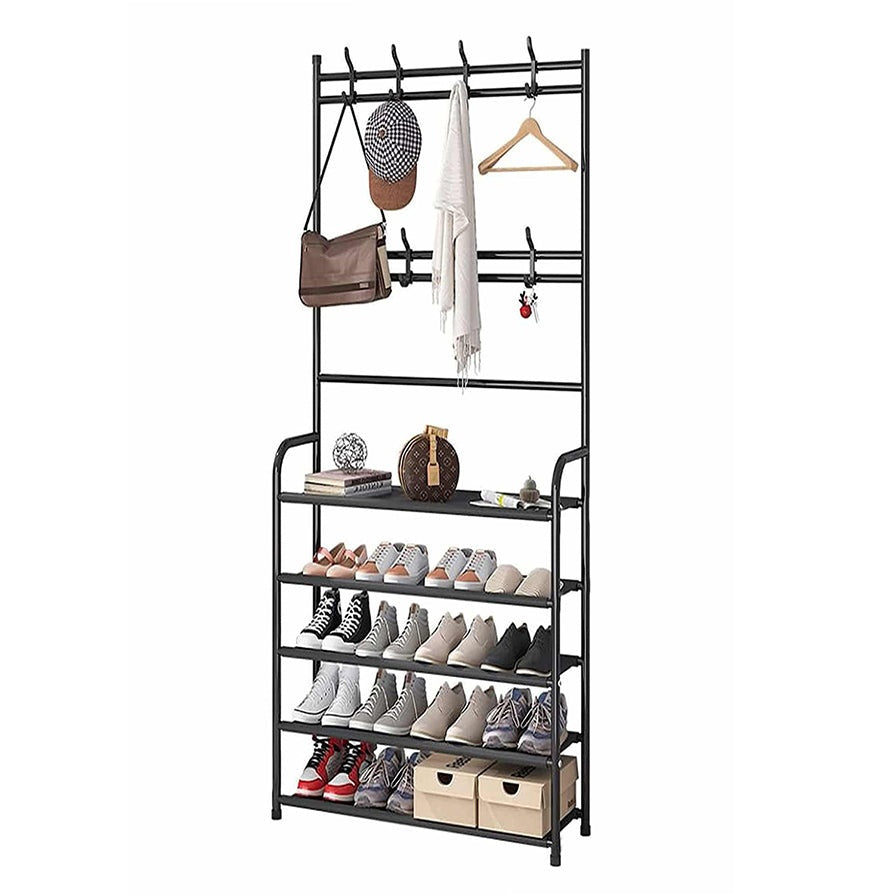 5 Tier Shoe Rack with 8 Removable Hooks Multifunctional Storage Shelves and Coat Hangers Shoe Stand Organizer for Bedroom Hallway and Entryway Black - Medaid International