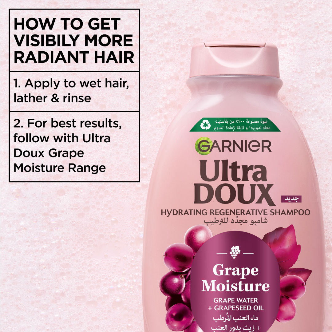 Garnier Ultra Doux Grape Moisture Hydrating Regenerative Shampoo for Dehydrated Hair With Hydrating Grape Water + Antioxidant Grapeseed Oil