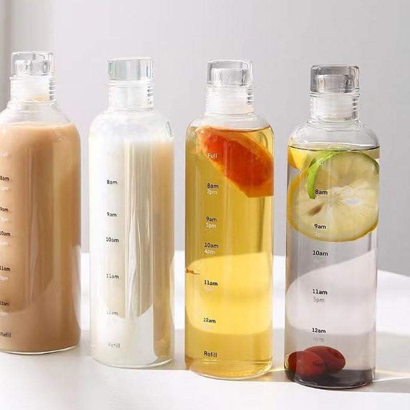 500 ML Glass Water Bottle with Time Marker and Leakproof Lid Transparent Heat Resistant Reusable Drinking Bottles for Water Iced Coffee and Juice - Medaid International
