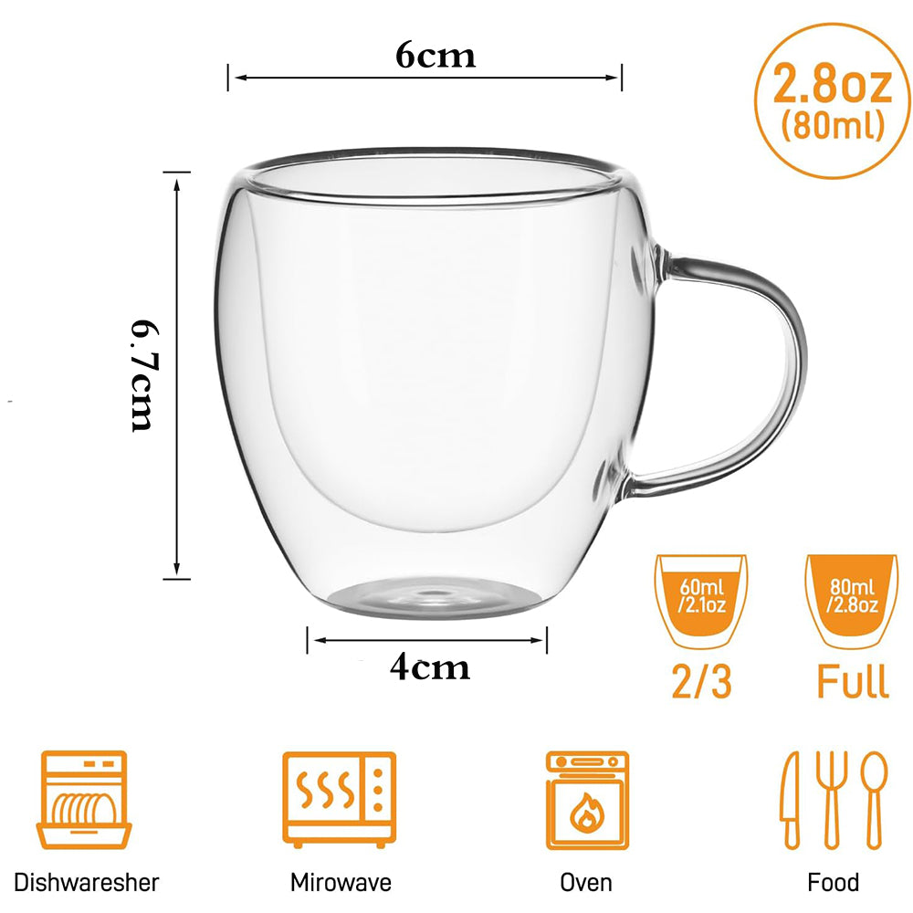 Danny Home 2-Pcs Double Walled Espresso Glasses with Handle 80ml