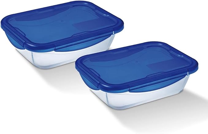Pyrex Cook and Go Glass Containers with Blue BPA Free Latch Leak Proof Plastic Lids set of 2, 0.8L and 1.7L