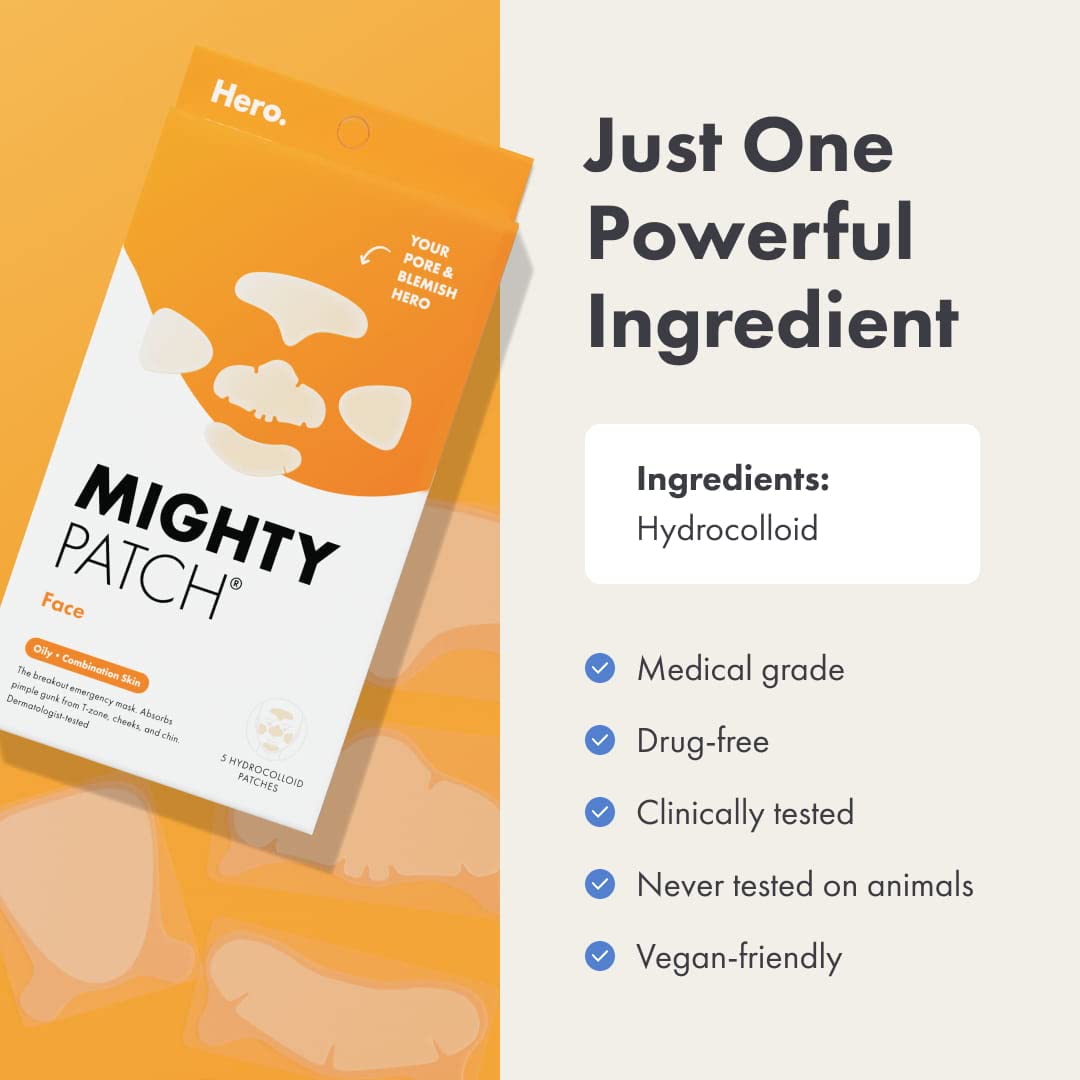 Hero Cosmetics Mighty Patch™ Face Patch - XL Hydrocolloid Face Mask for Acne, 5 Large Pimple Patches for Zit Breakouts on Nose, Chin, Forehead & Cheeks (1 Count) - Medaid International