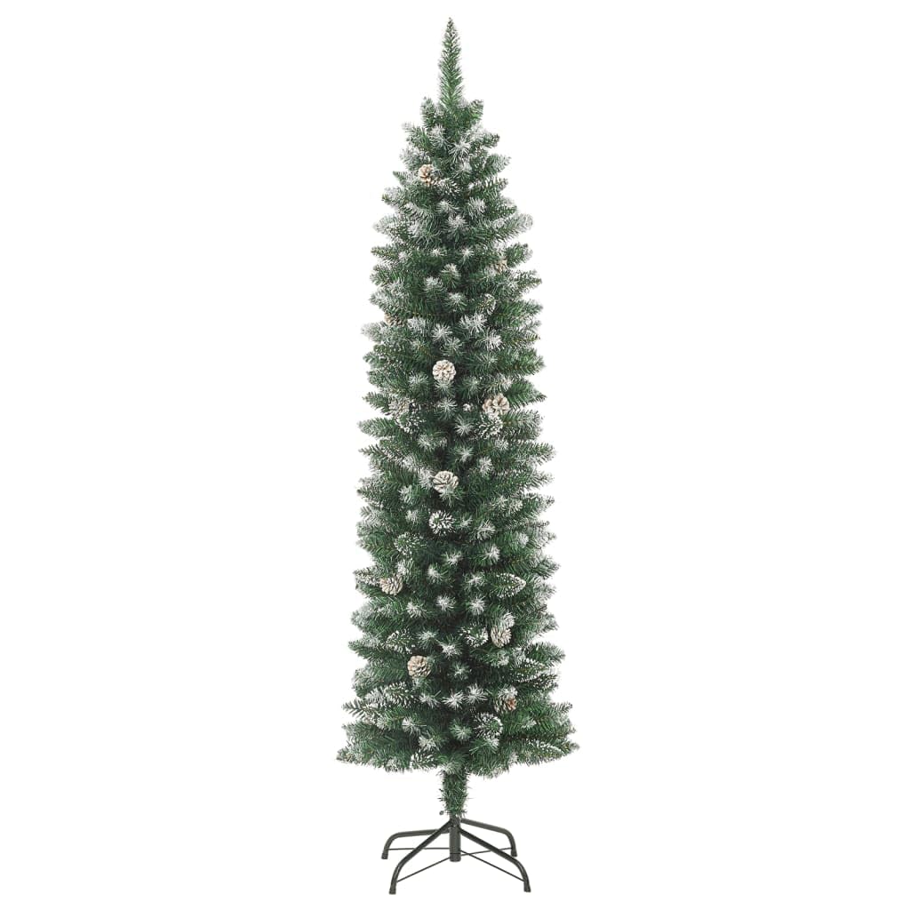 vidaXL 5 ft Artificial Slim Christmas Tree with White Snow Decoration and Steel Stand – Green PVC Holiday Decoration with 10 Cones and 266 Pointed Tips - Medaid International
