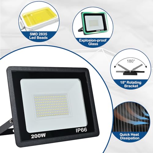 Niserelesa - 200W IP66 Waterproof LED Floodlight, 20000 LM Cool White