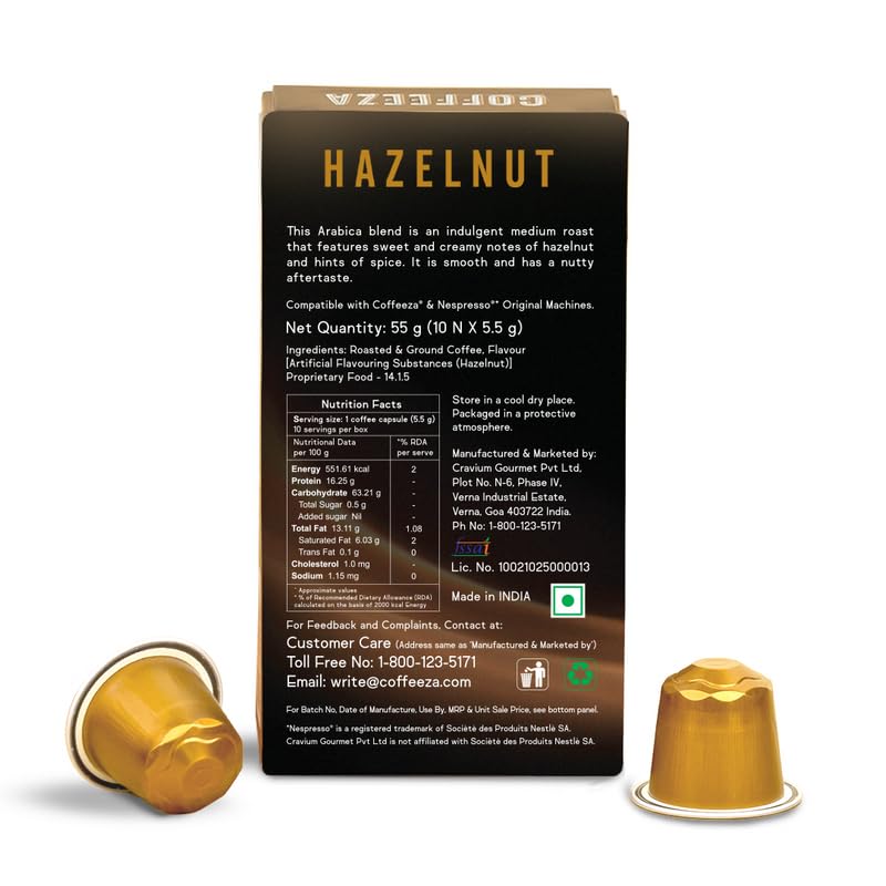 Coffeeza Hazelnut Flavoured Aluminium Coffee Capsules, Intensity - 7, Nespresso Compatible 100% Arabica Coffee Pods | Box of 1 (10 Capsules)