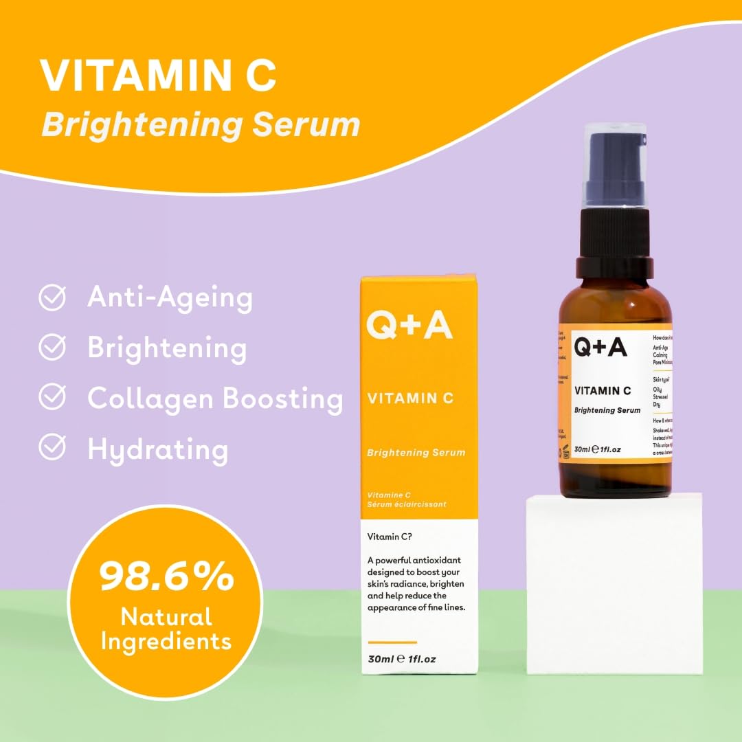 Q+A Vitamin C Brightening Face Serum (30ml), Vitamin C Serum for Face with Hyaluronic Acid, Hydrating and Anti-Ageing, Fragrance Free Skincare, Brightens Skin and Evens Out Skin Tone - Medaid International