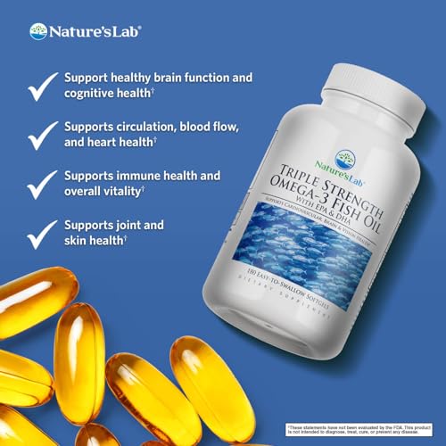 Nature's Lab Triple Strength Omega-3 Fish Oil with EPA & DHA - Supports Healthy Brain Function, Cognitive Health & Circulation - 180 Softgels (3 Month Supply) - Medaid International
