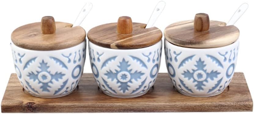 Ceramic Condiment Jar Set with Acacia Wood Tray