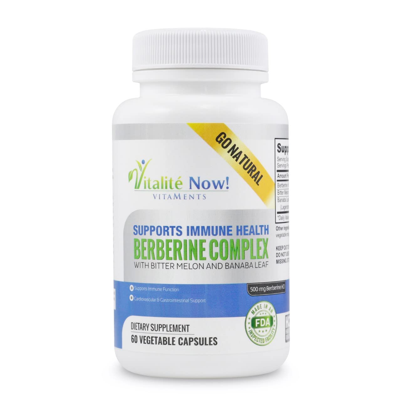Vitalité Now! High Strength Berberine 500mg + Bitter Melon & Banaba - Immune System Health - Cardiovascular & Gastrointestinal Support - 60 Vegetarian Capsules - Medaid International
