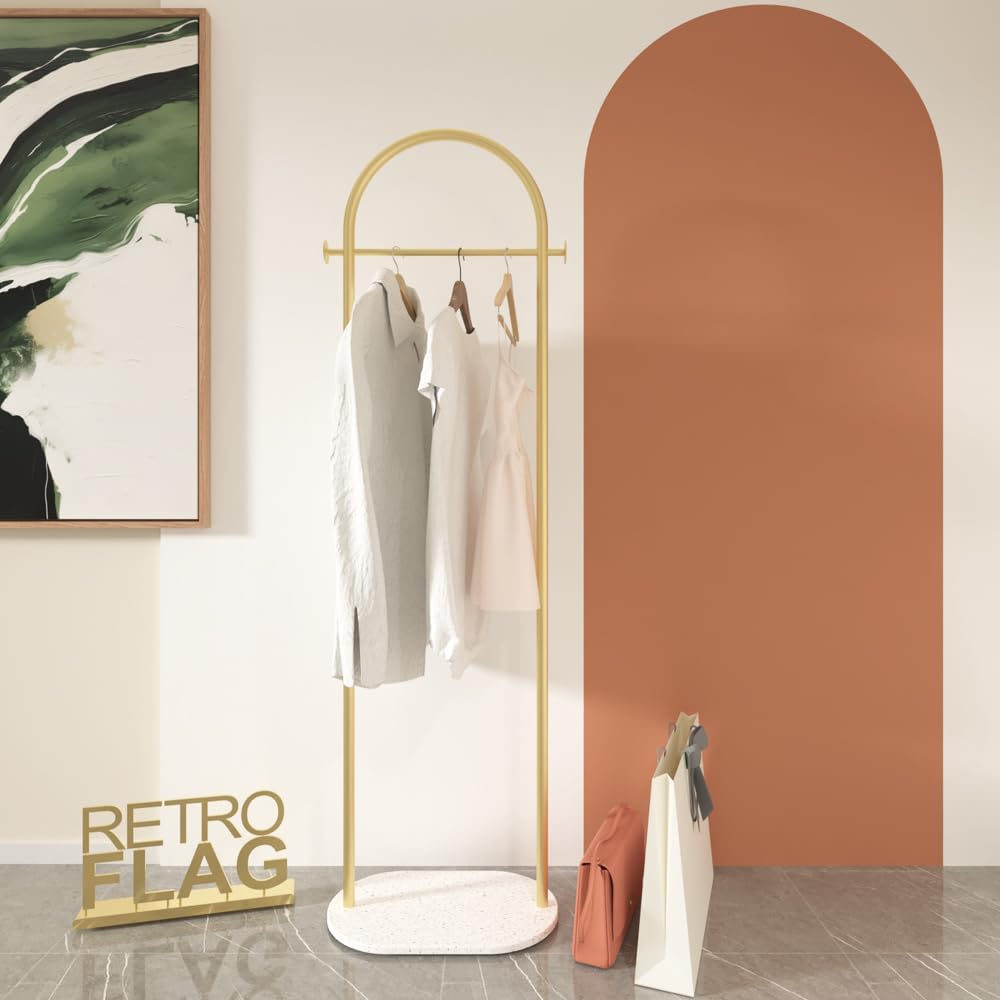 Metal Coat Rack Freestanding with Natural Marble Base 63” 160cm Entryway Coats Hanger Stand with 3 Hooks, Home Bedroom Hotel Hall Tree for Coats, Hats, Scarves, Clothes, and Handbags (Luxury Gold) - Medaid International
