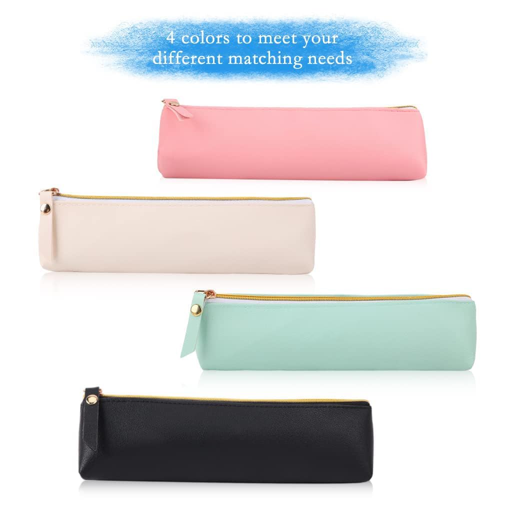 Terrifi Pu Leather Pencil Case, Small Simple Pouch, Makeup Cosmetic Waterproof Organizer Storage Bag For Women Men (4Pcs, 4 Colors)