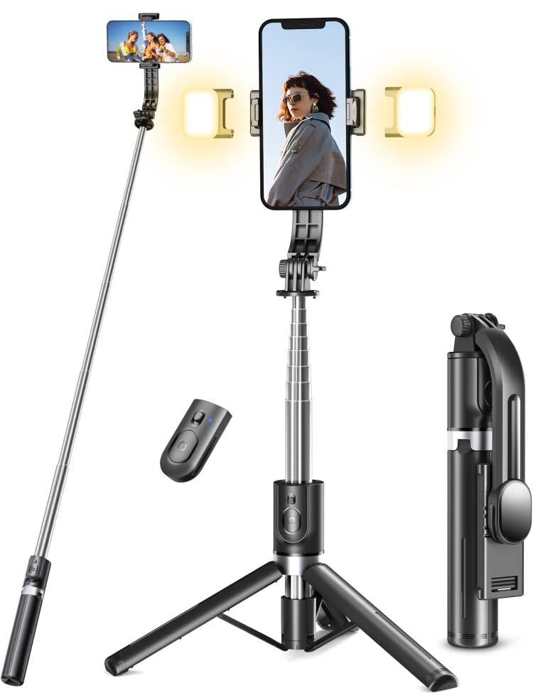 Selfie Stick Tripod with Light, 45'' Selfie Stick with Wireless Remote, Portable Phone Tripod Compatible with iPhone 16/15 Pro Max/15/14 Pro/14/13, Samsung S22/ S23 Ultra/Android Smartphone - Medaid International