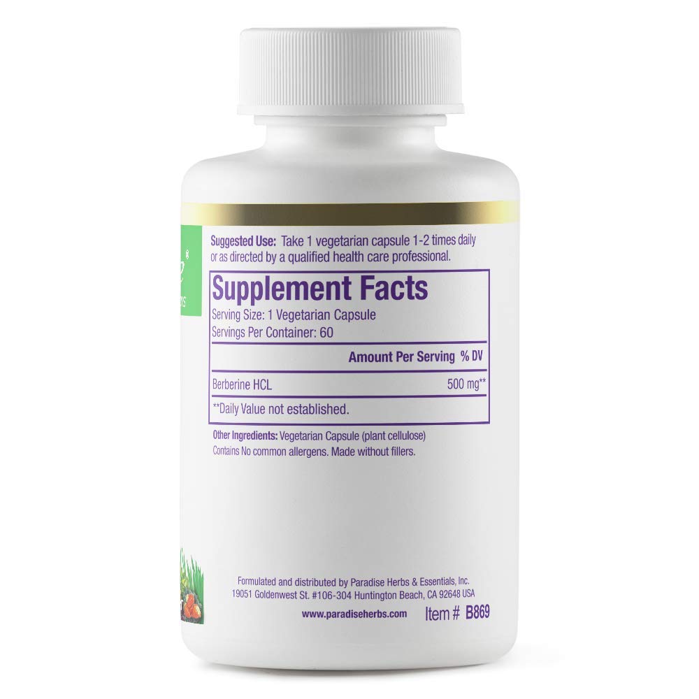 Paradise Herbs, Berberine Extract, 500 mg, Pure & Potent Berberine Supplement, Vegan, Non-GMO, Gluten Free, 60 Vegetarian Capsules - Medaid International
