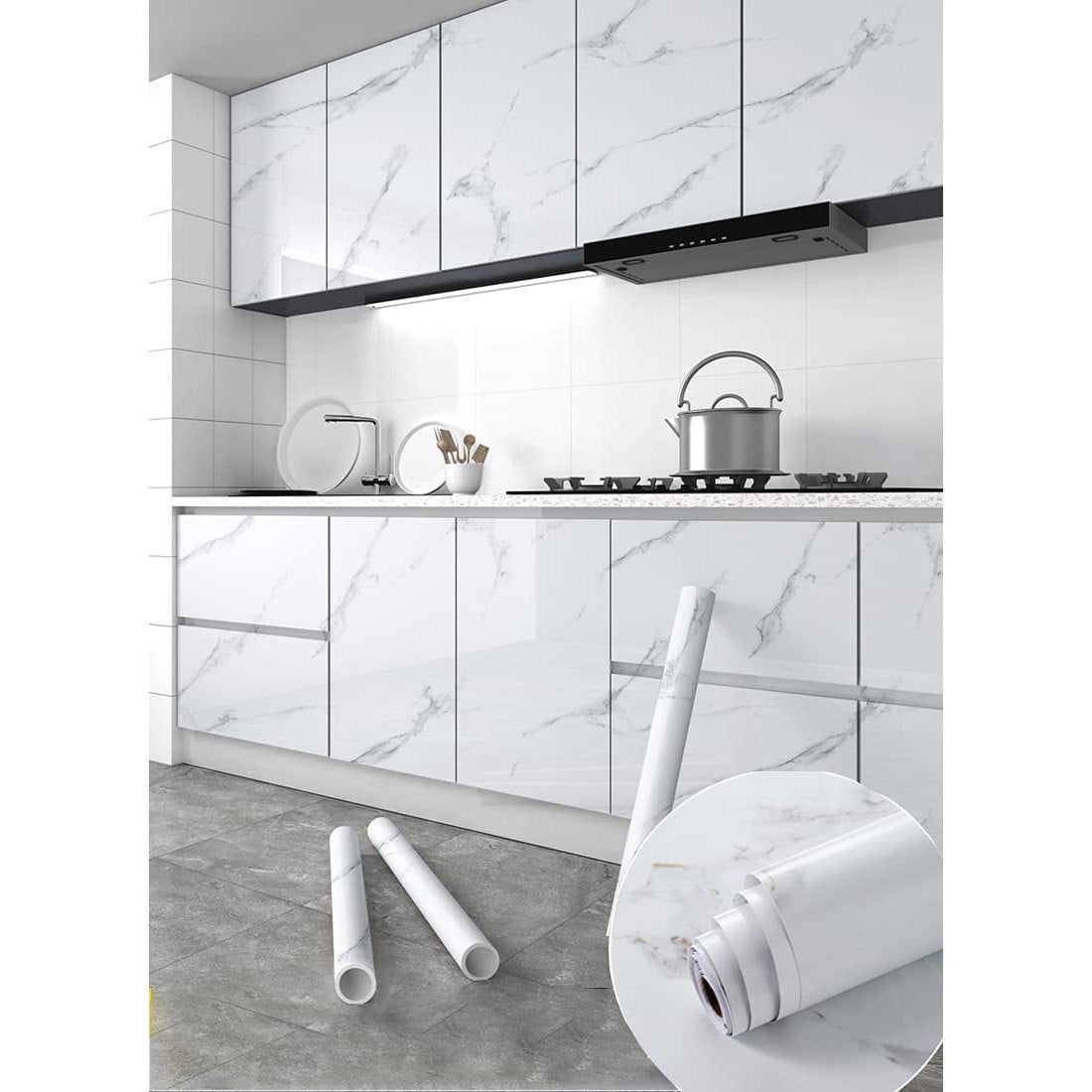 Glossy Marble Paper Granite Gray/White Wallpaper Peel and Stick Wallpaper Self Adhesive Removable Wallpapers 15.8″ ×118″ Waterproof Countertop Paper for Cabinet Countertop Furniture Kitchen Viny Film - Medaid International