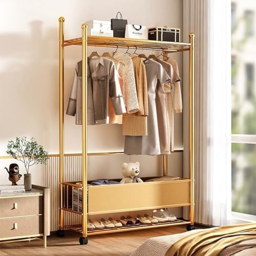 Clothes Hanger Stand with Shelves, Free Standing Metal Clothing Hanging Rack, Single Rail, Wardrobe with Top & Bottom Storage Shelf for Shoes Handbags Baskets, Bedroom Garment Organizer (Style-A) - Medaid International