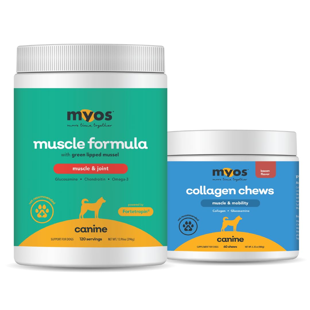 MYOS Canine Muscle & Joint Support Bundle – Fortetropin Powder with Green Lipped Mussel (396g) + Bacon-Flavored Mobility Chews with Collagen & Glucosamine (60 Count) - Medaid International