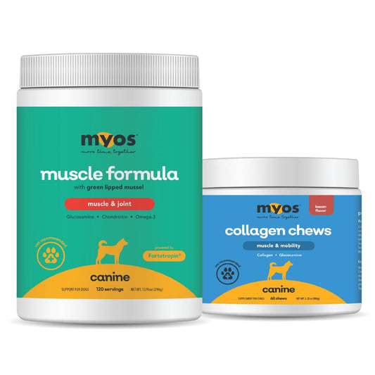 MYOS Canine Muscle & Joint Support Bundle – Fortetropin Powder with Green Lipped Mussel (396g) + Bacon-Flavored Mobility Chews with Collagen & Glucosamine (60 Count) - Medaid International