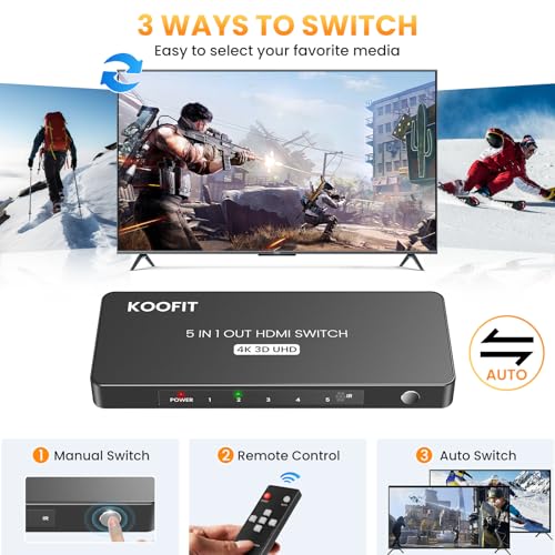 Koofit - 4K HDMI Switch Automatic, 5 Port Selector with Remote Control, Supports HDR
