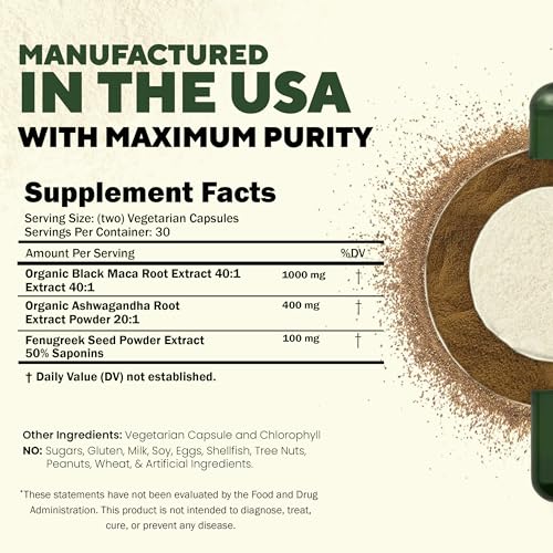 MACAPLUS+ Black Maca Root + Ashwagandha + Fenugreek - #1 Highest Potency Black Maca Root 40,000mg 40x Strength Organic Capsules for Men and Women Supplement 100% Pure Maca Peruana 40:1 Powder Pills - Medaid International
