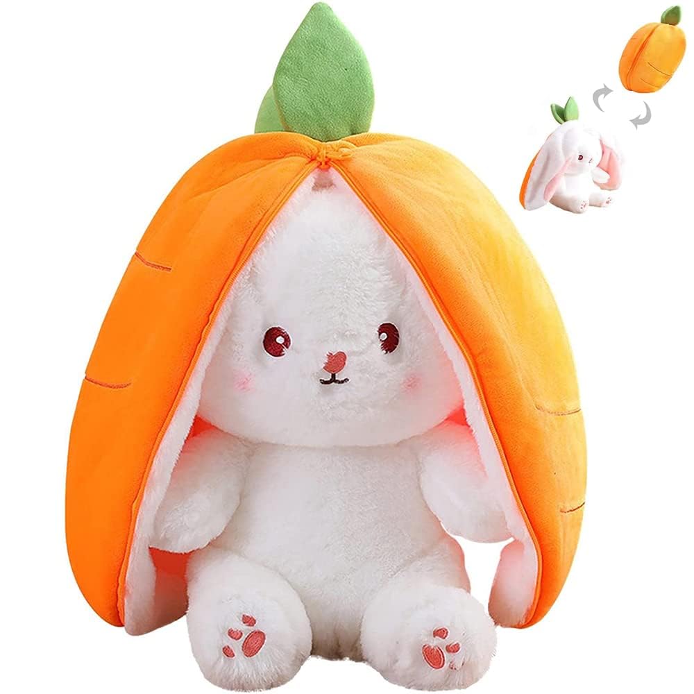 KASTWAVE Strawberry Bunny Plush Toys, Rabbit Muppet Toys, Strawberry Bunny Transformed into Little Rabbit Fruit Doll Plush Toy Carrot Rabbit Plush Doll Girl for Kids (Strawberry Rabbit, 18cm)