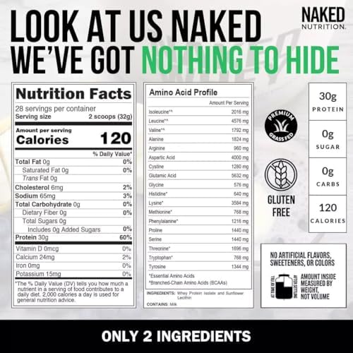 NAKED Whey Isolate Protein - Only 2 Ingredients, 30g Grass-Fed Protein, Zero Carb, Unflavored, Undenatured, Non-GMO, No Soy, Gluten-Free, No Preservatives - 28 Servings|B0DJ3KYNQ5
